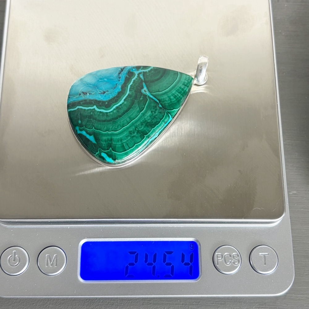 Pure Sterling Silver 925 XL Top Quality Malachite Chrysocolla Pendant Pear New - Picture 9 of 9